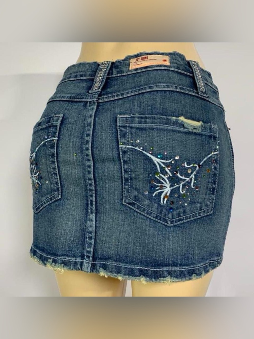 Joy Jeans Rhinestone Denim Mini Skirt Distressed Deadstock Y2K